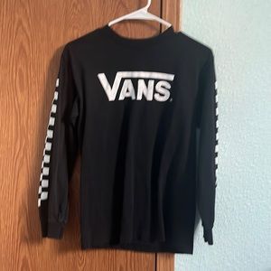 vans black top. white checkered sleeves, VANS logo in front